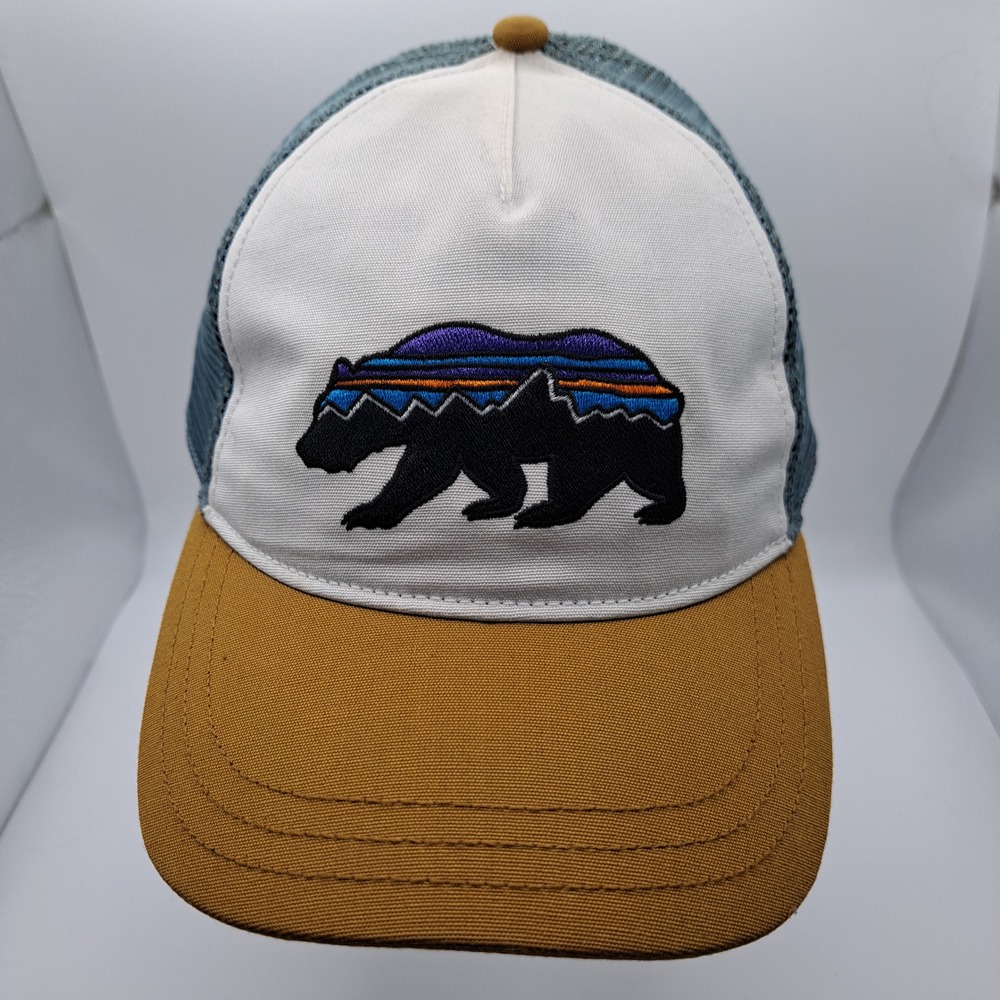 Patagonia Trucker Hat Mens OSFA White Blue Mustard Fitz Roy Bear Snapback Cap